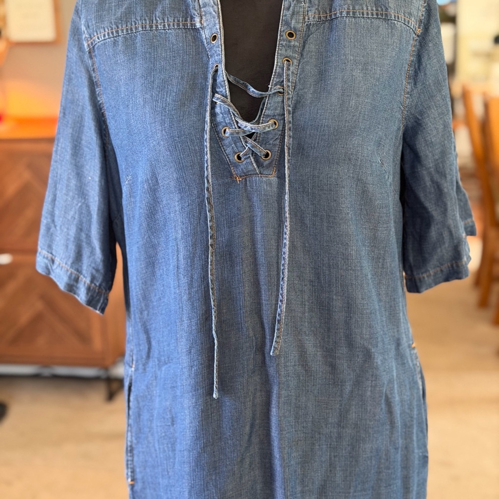 Philosophy Chambray Lace Up Shift Dress Womens Denim Tunic Coastal Cowgirl M